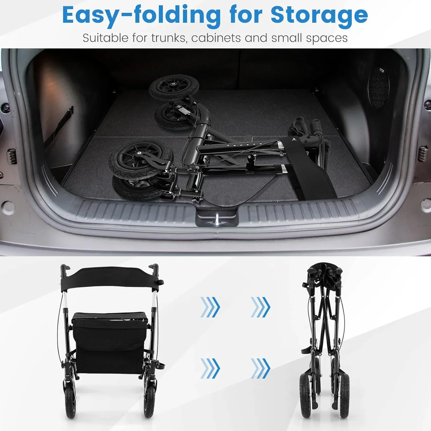 All-Terrain Rollator Walker w/Pneumatic Tires, Backrest for Seniors & Adults, Black - Image 4
