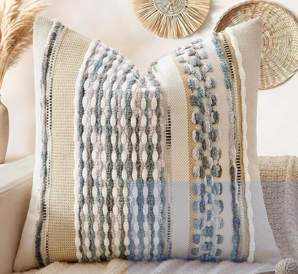 ANRODUO Pack of 1 Boho Decorative Throw Pillow Covers 18x18 Farmhouse Cushion Case Striped Chenille Pillow Cases Square Pillow Covers Accent Neutral Pillowcase for Sofa Couch Bed, Gray Blue Stripe SHOWROOM ITEM