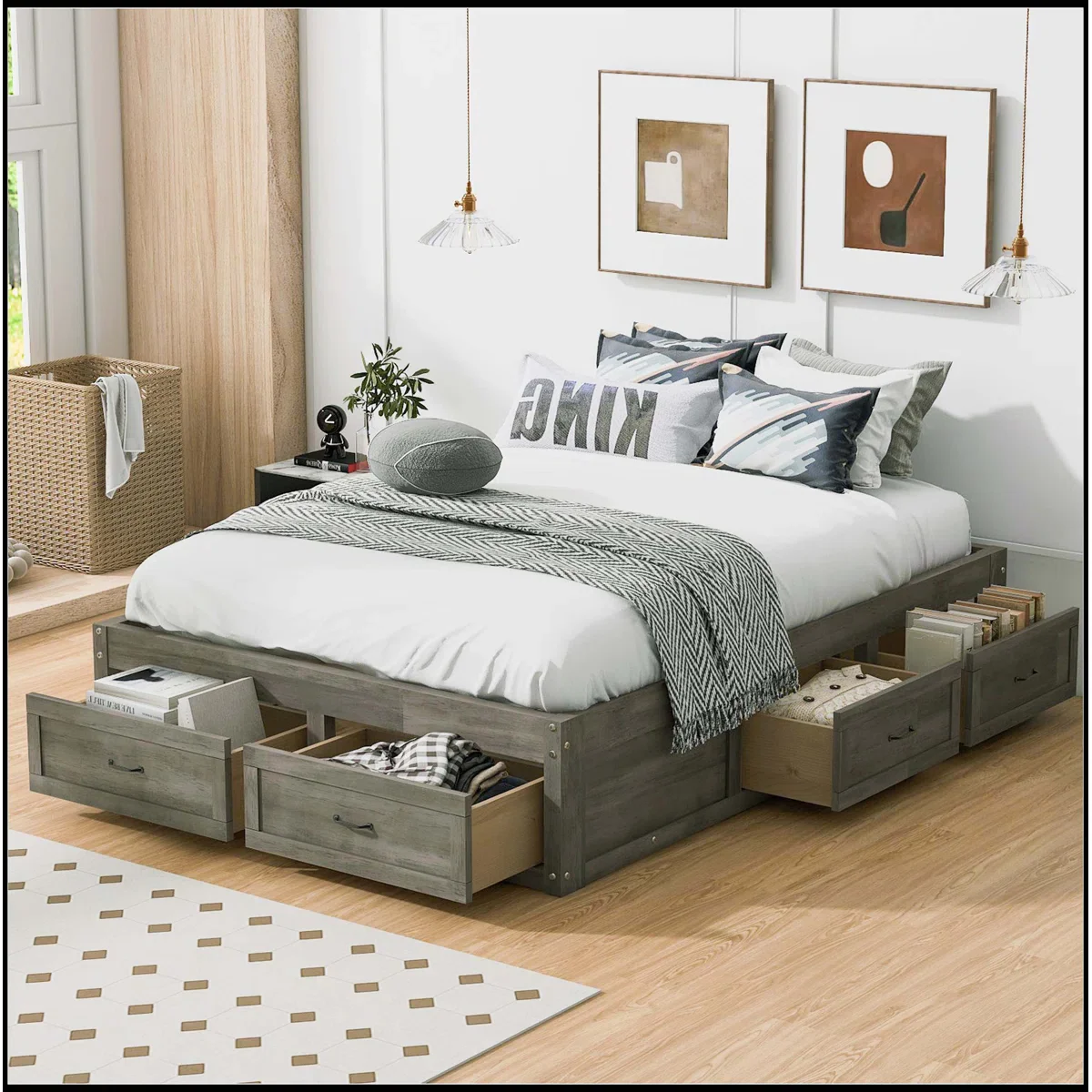 Antique Gray Full Size Platform Bed With 6 Storage Drawers - Image 2