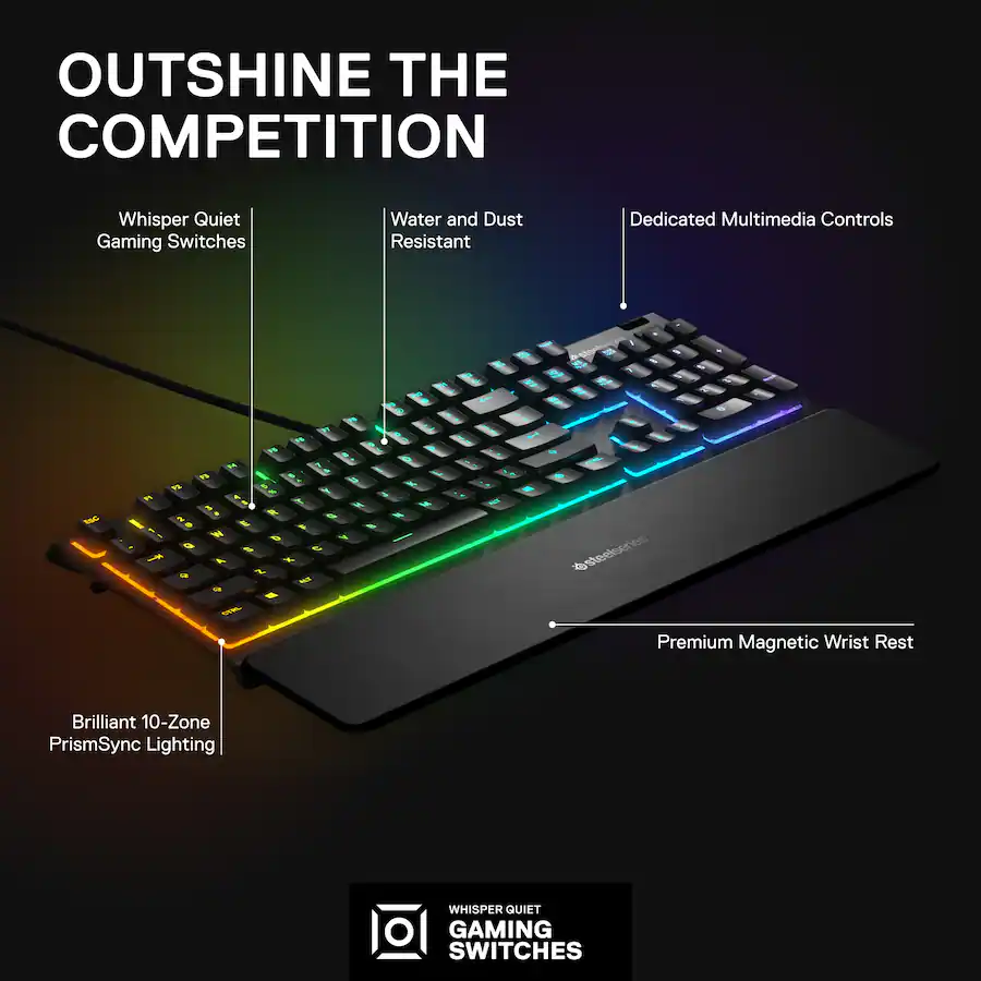 Apex 3 Full Size Wired Membrane Whisper Quiet Switch Gaming Keyboard with 10 zone RGB Backlighting - Black - Image 4