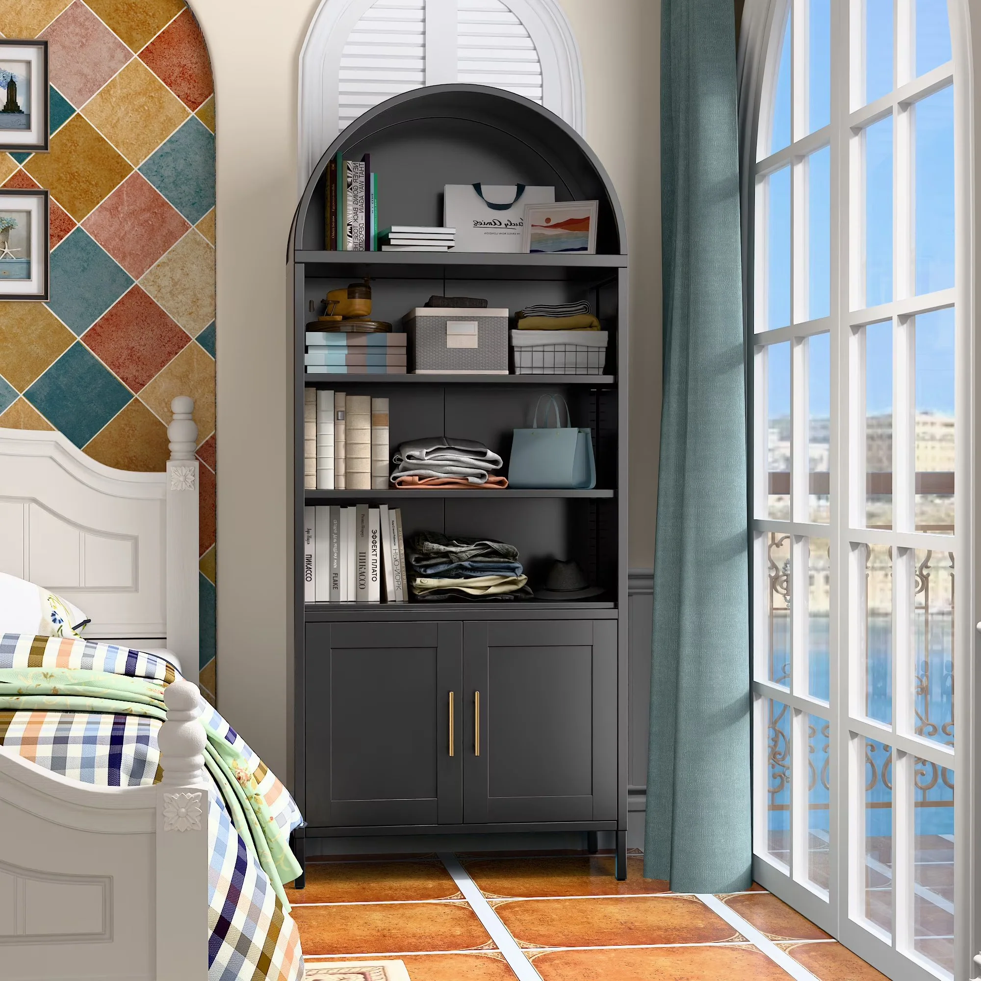 Arched Display Cabinet with 2 Doors, Curio Kitchen Pantry - Image 2