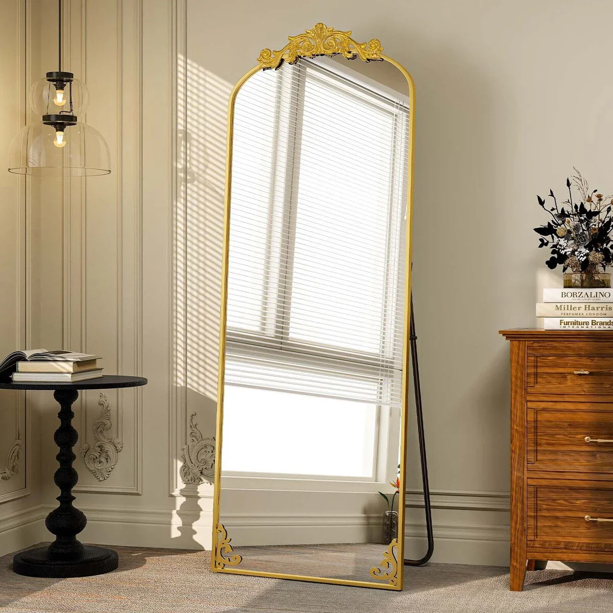 Arched Full Length Mirror with Baroque Flower Design - Image 2