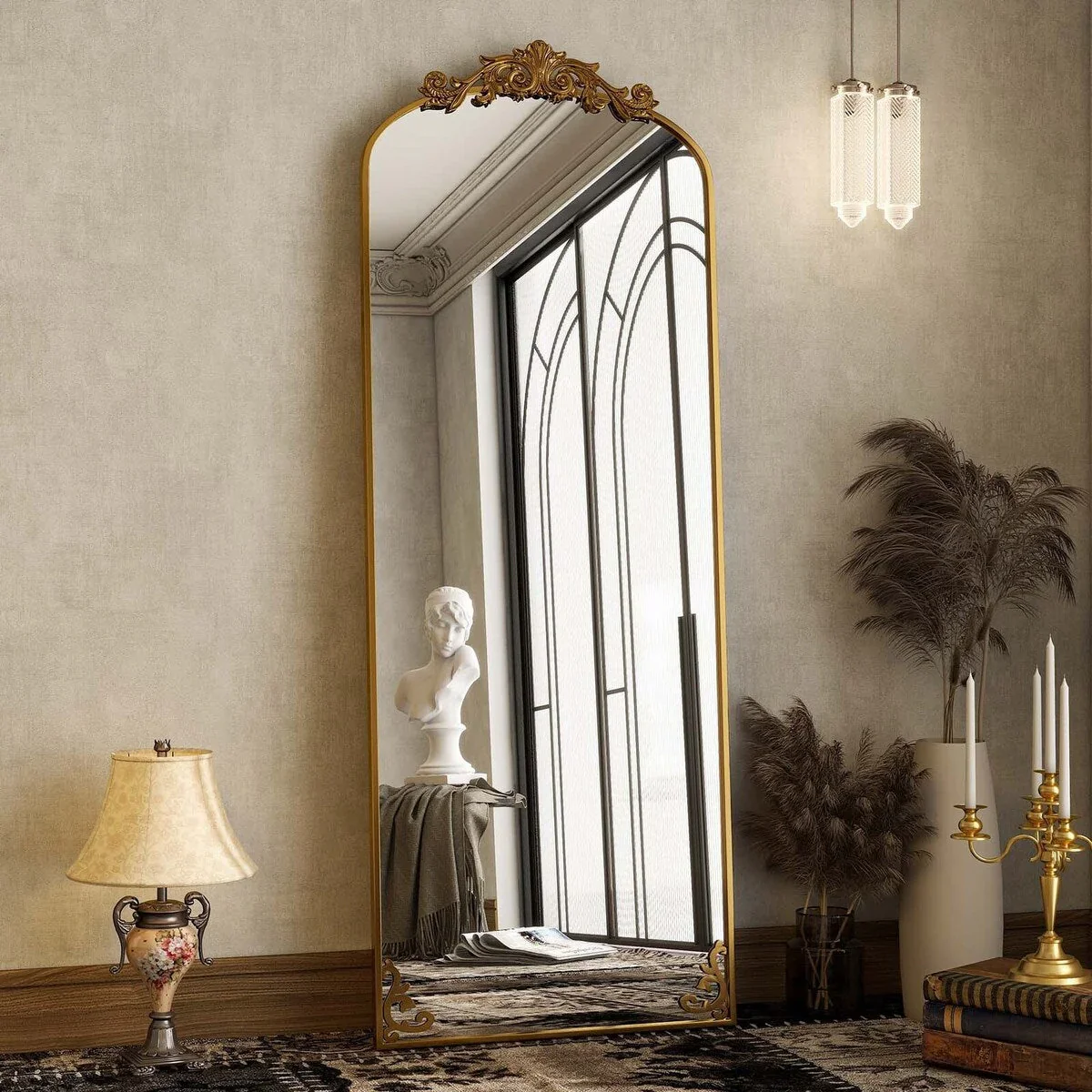 Arched Full Length Mirror with Baroque Flower Design - Image 4