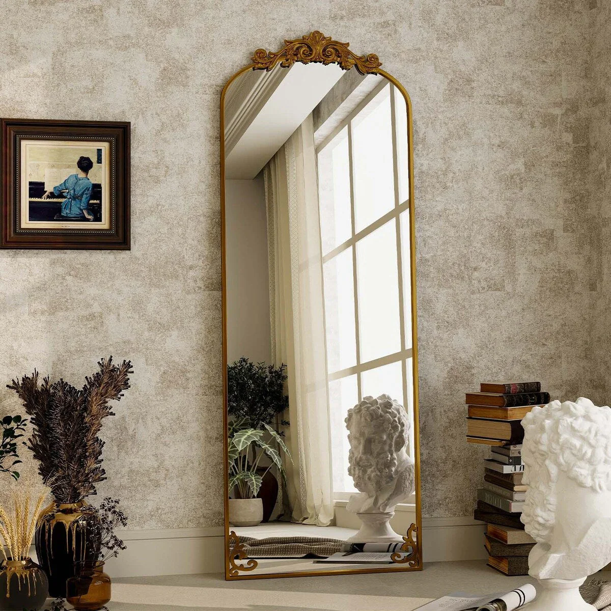 Arched Full Length Mirror with Baroque Flower Design - Image 5