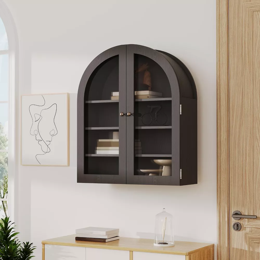 Arched Wall Mounted Bathroom Cabinet with Glass Doors Black - Image 2