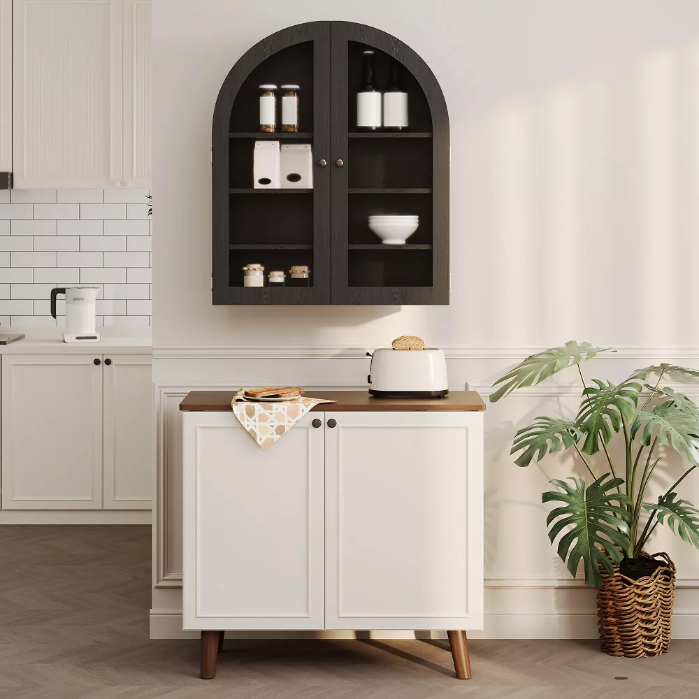 Arched Wall Mounted Bathroom Cabinet with Glass Doors Black - Image 3