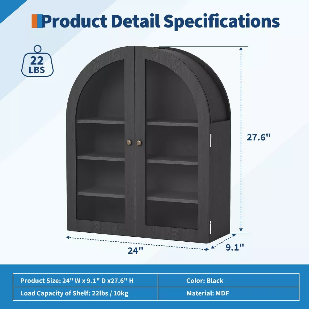 Arched Wall Mounted Bathroom Cabinet with Glass Doors Black - Image 4