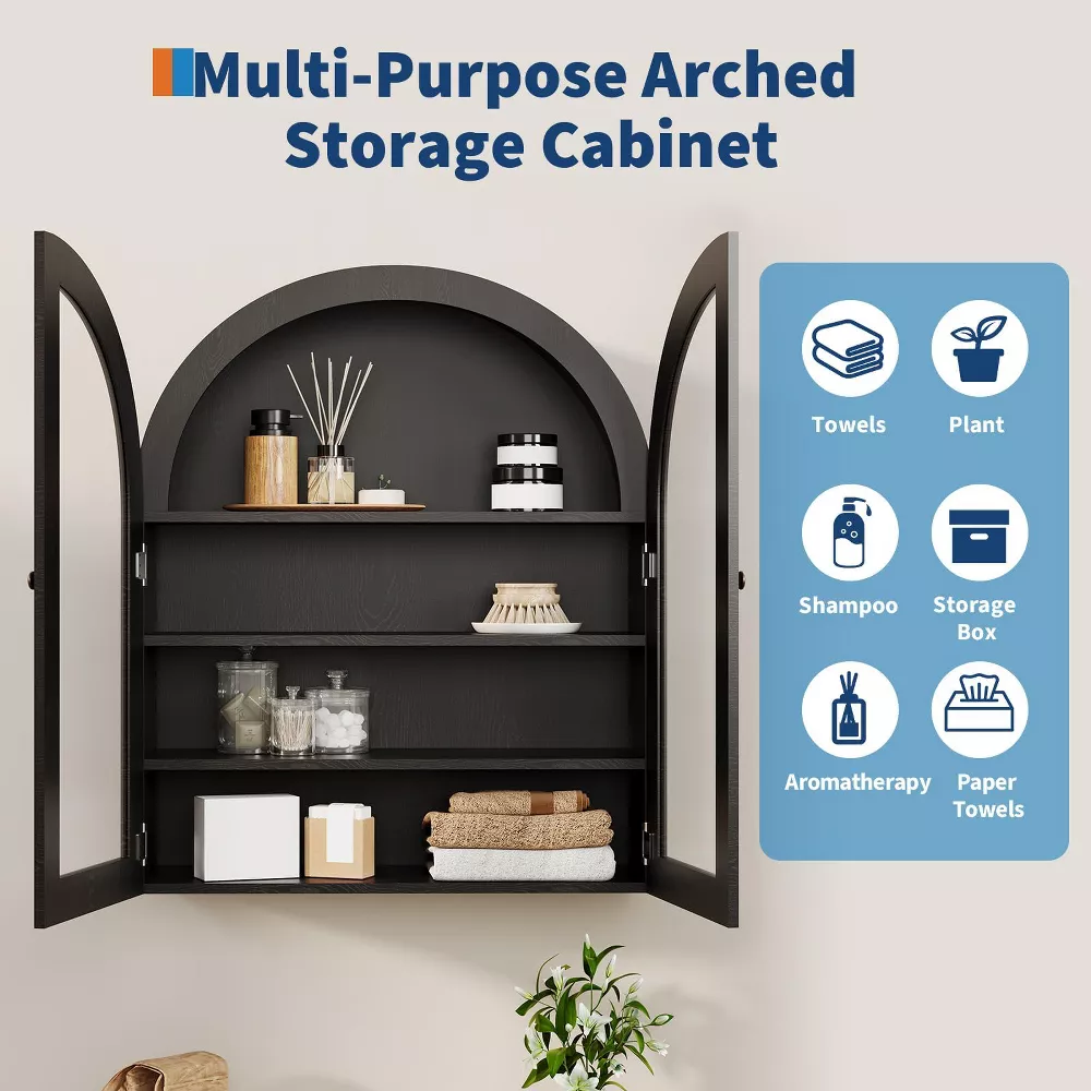 Arched Wall Mounted Bathroom Cabinet with Glass Doors Black - Image 5