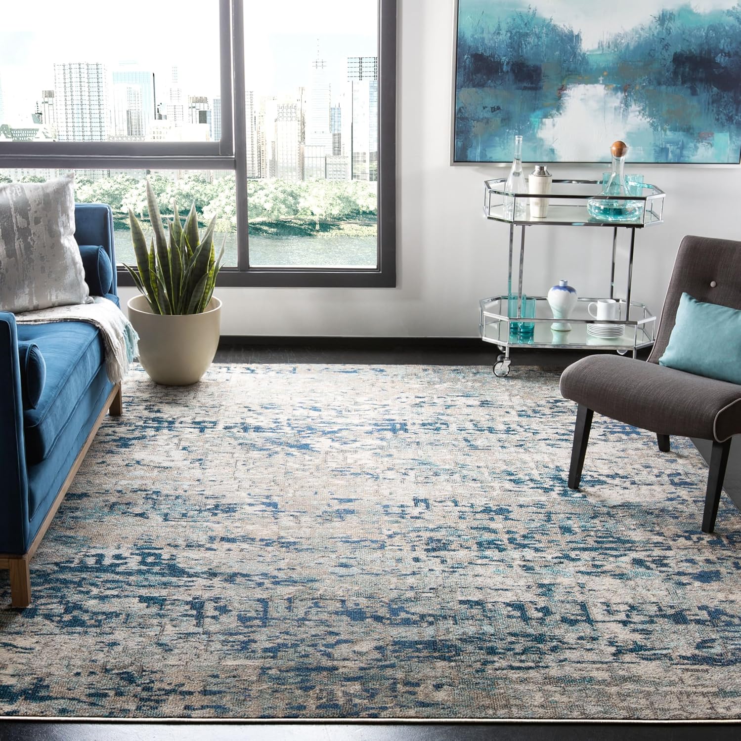 Modern Abstract Design, Grey & Blue 8' x 10' - Image 2