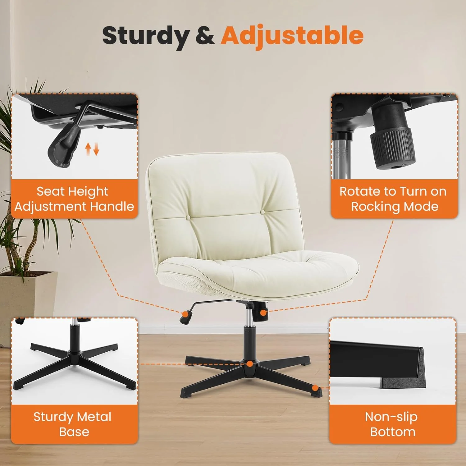 Armless-Office Desk Chair Without Wheels Light Beige - Image 3