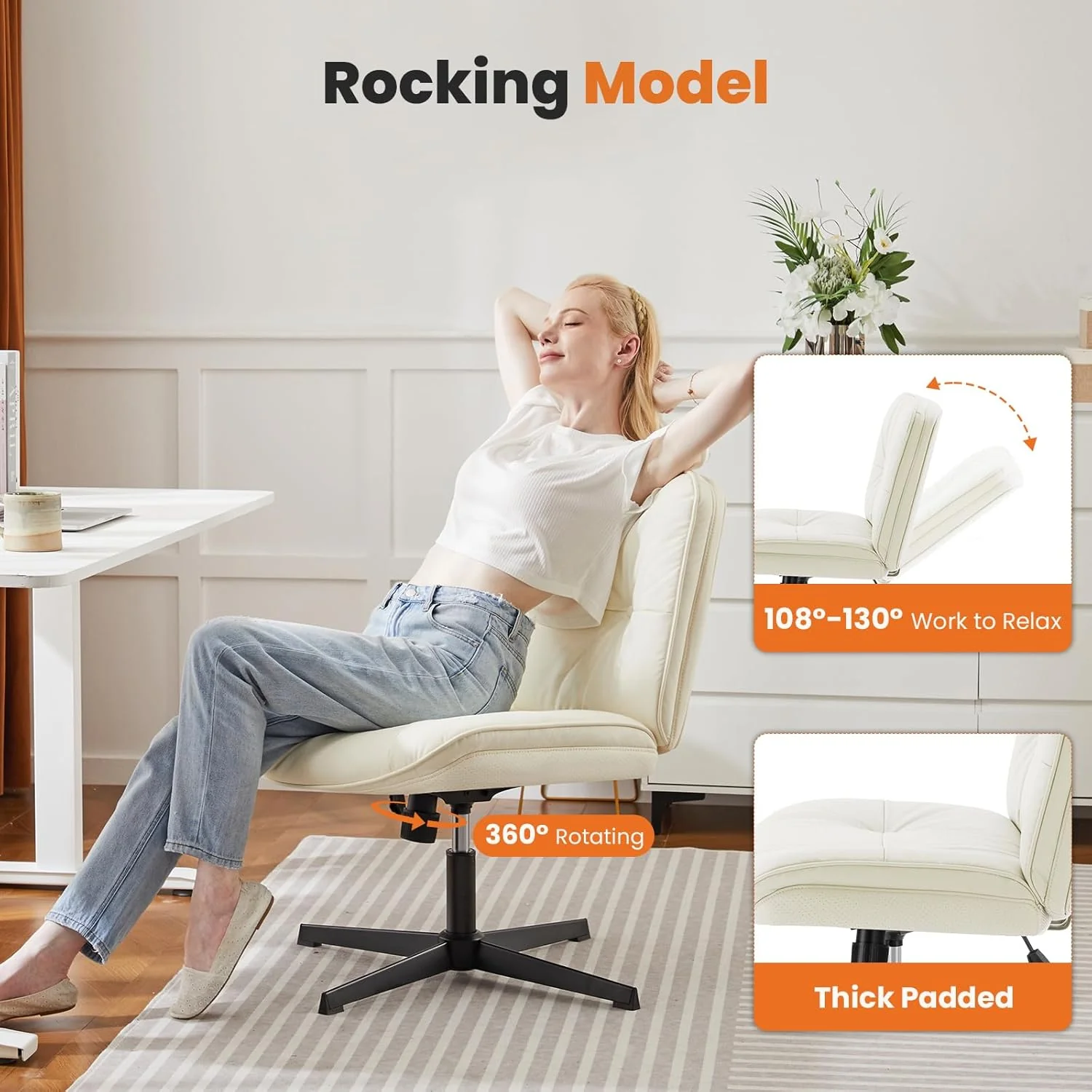 Armless-Office Desk Chair Without Wheels Light Beige - Image 5