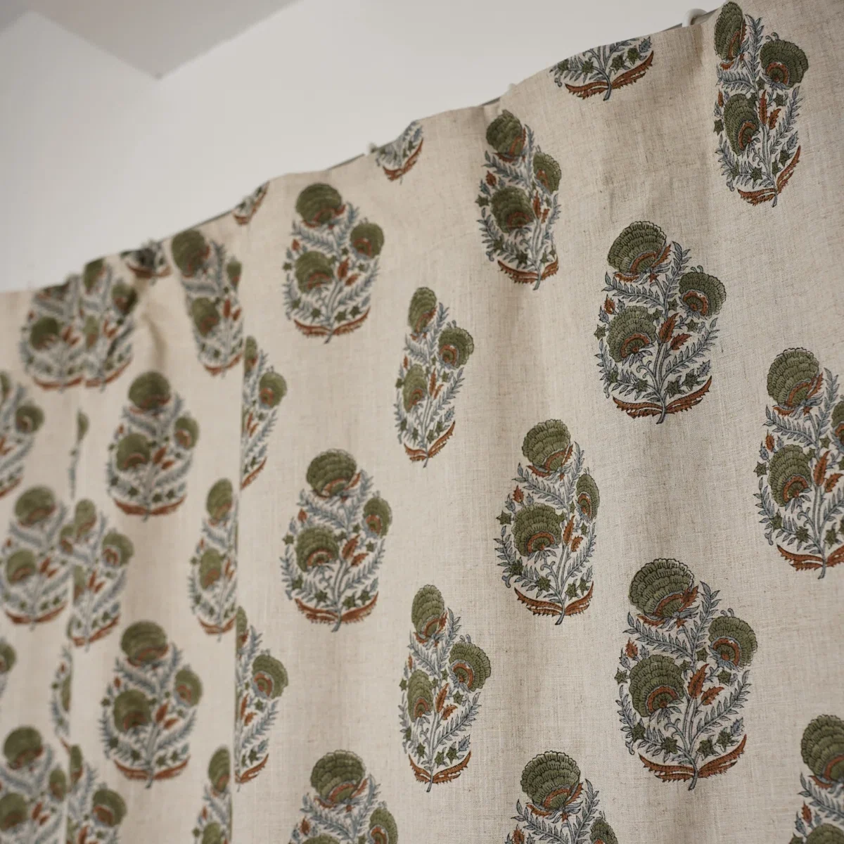 Artistic Block Print Linen Curtain Nature-Inspired, Mohini, Green - Image 2
