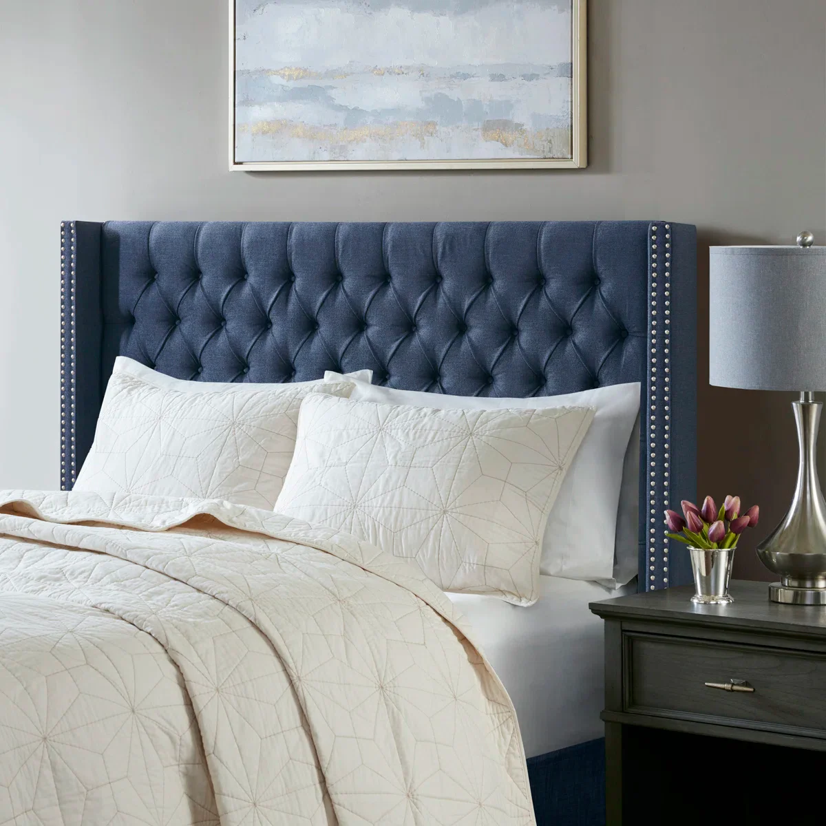 Ashwin Upholstered Wingback Queen Headboard - Navy SHOWROOM ITEM