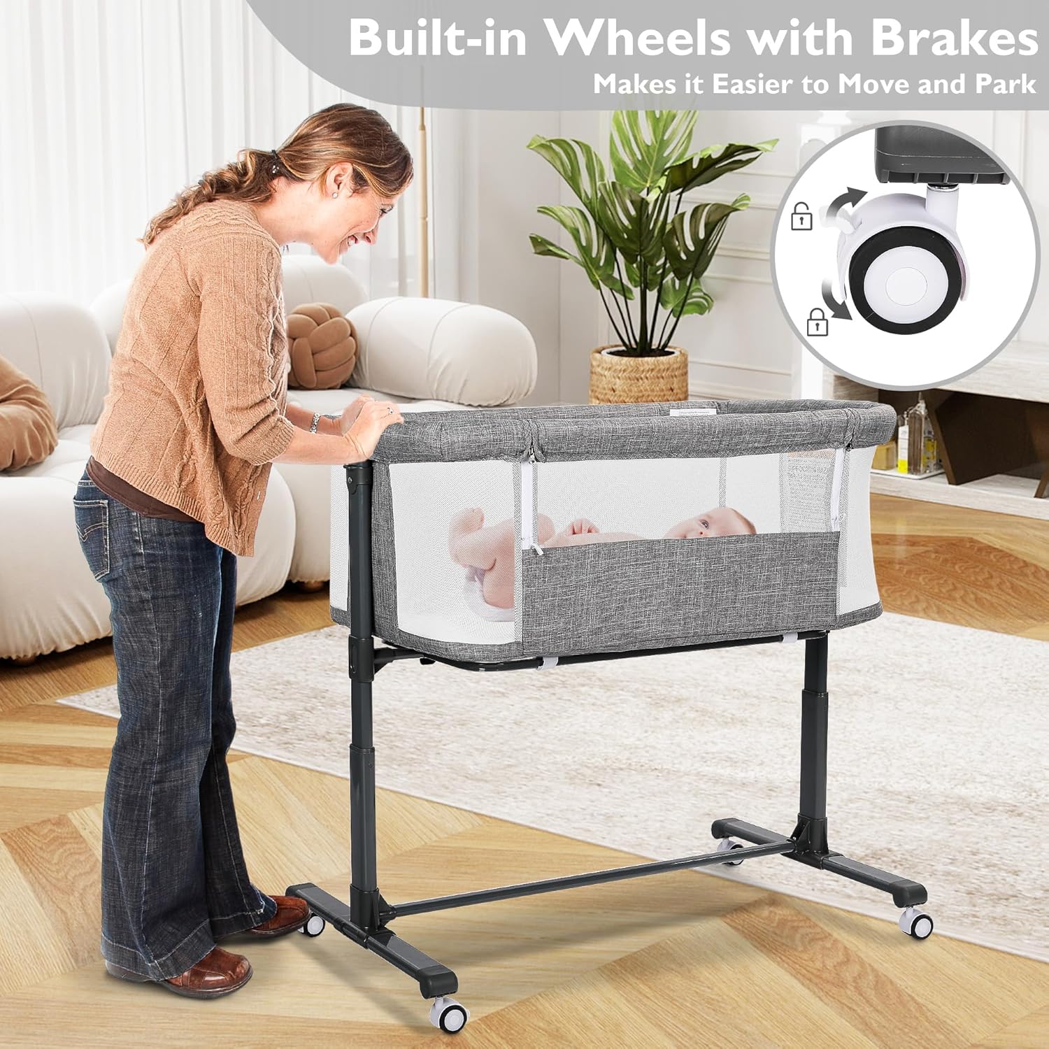 2 in 1 Portable Newborn Bedside Sleeper, Grey - Image 3