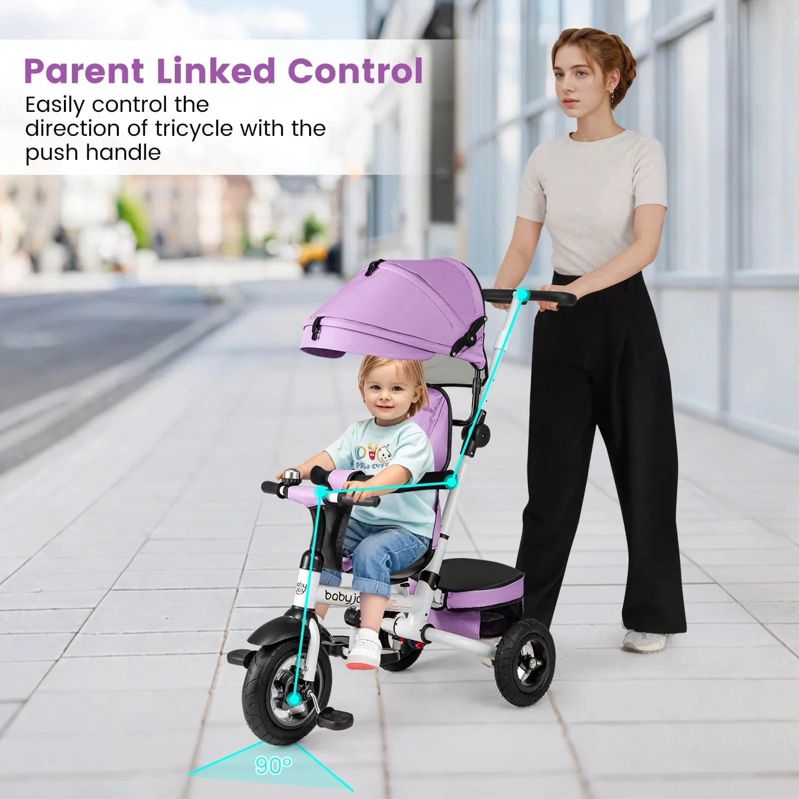 Babyjoy Pink Folding Tricycle with Adjustable Canopy and 360° Reversible Seat - Image 5