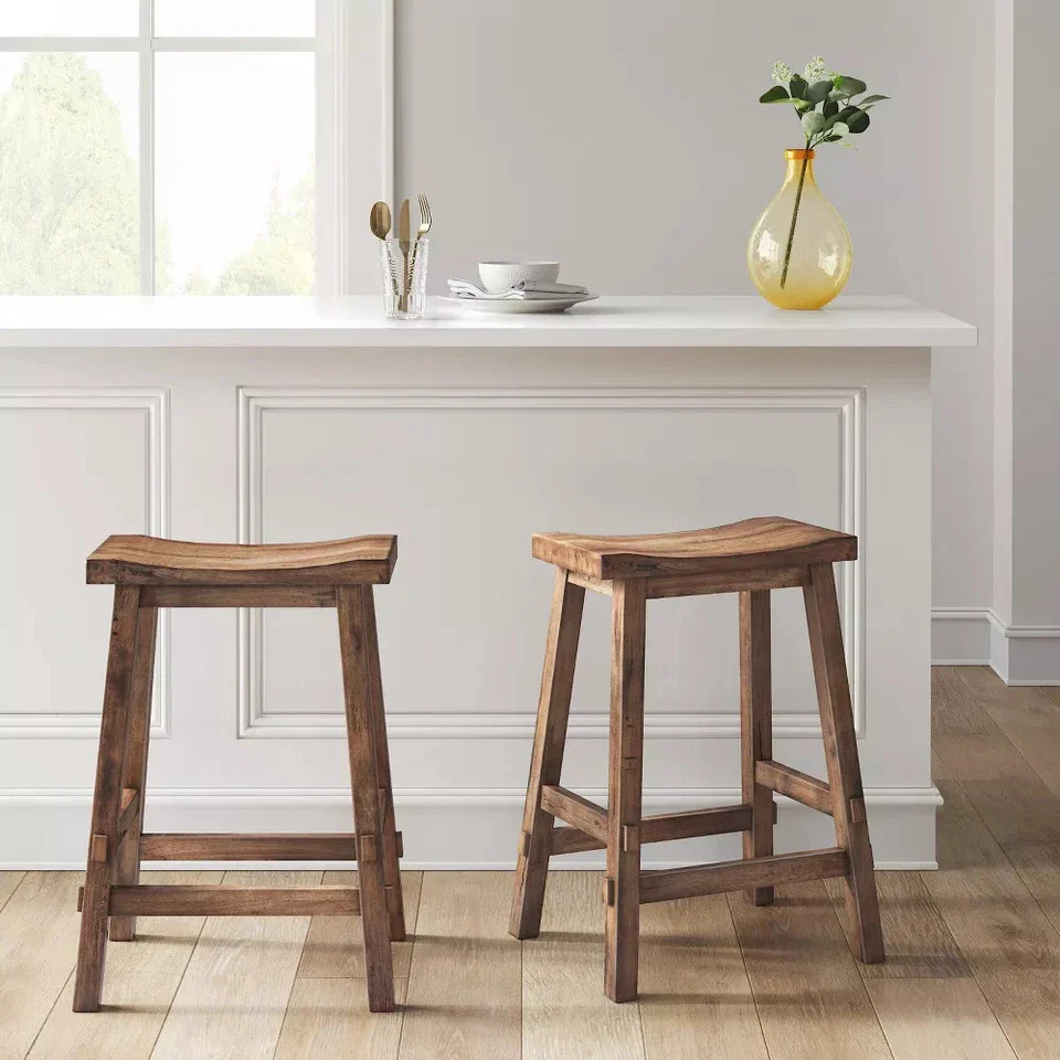 Backless Saddle Counter Stool Bar Distressed Wood Brown - Image 3