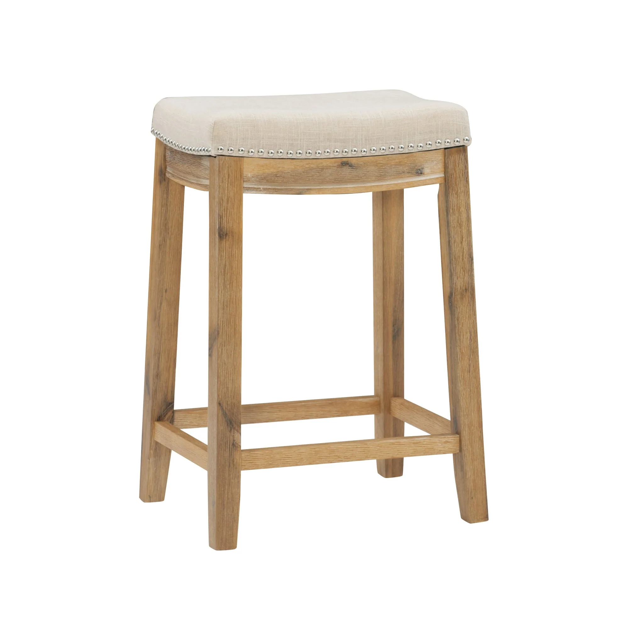 Backless Wood Counter Stool, Rustic Brown/Natural Fabric