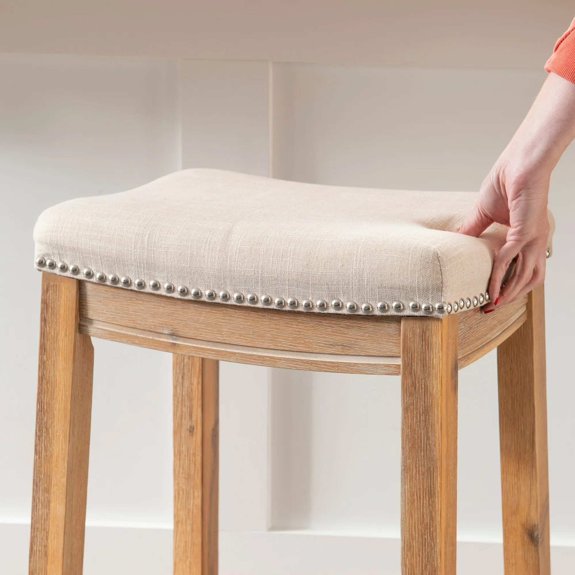 Backless Wood Counter Stool, Rustic Brown/Natural Fabric - Image 3