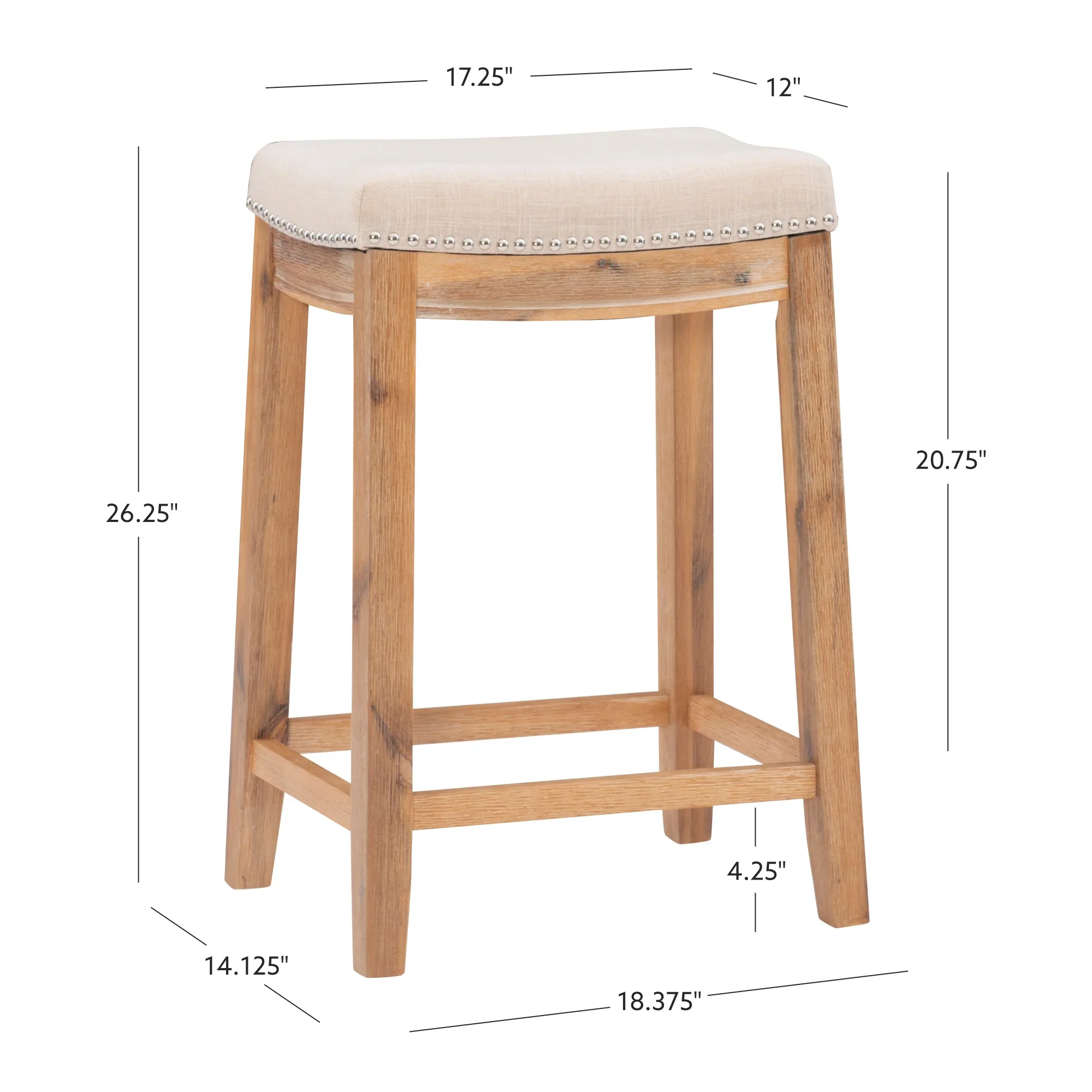 Backless Wood Counter Stool, Rustic Brown/Natural Fabric - Image 5