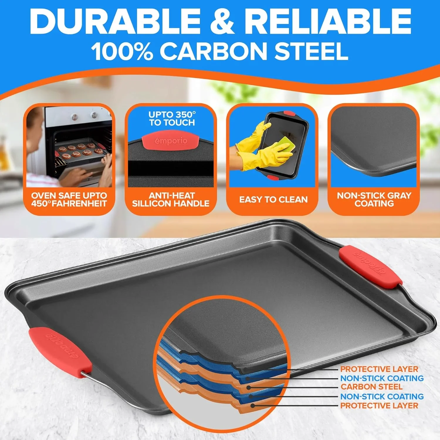Baking Pan Set - Nonstick Coating, Carbon Steel with Red Silicone Handles, Set of 25 - Black - Image 4