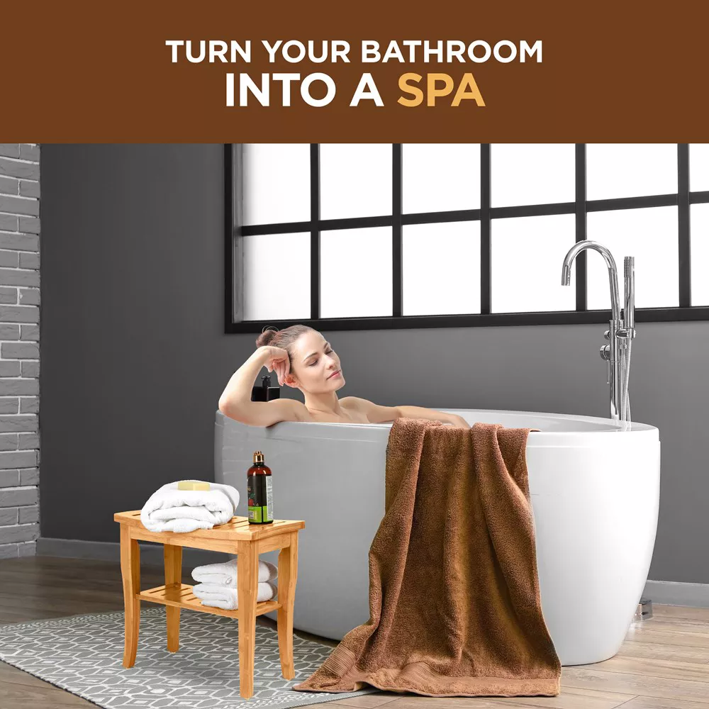 Bamboo Shower Bench Spa Stool - Wood 2-Tier Seat - Image 4