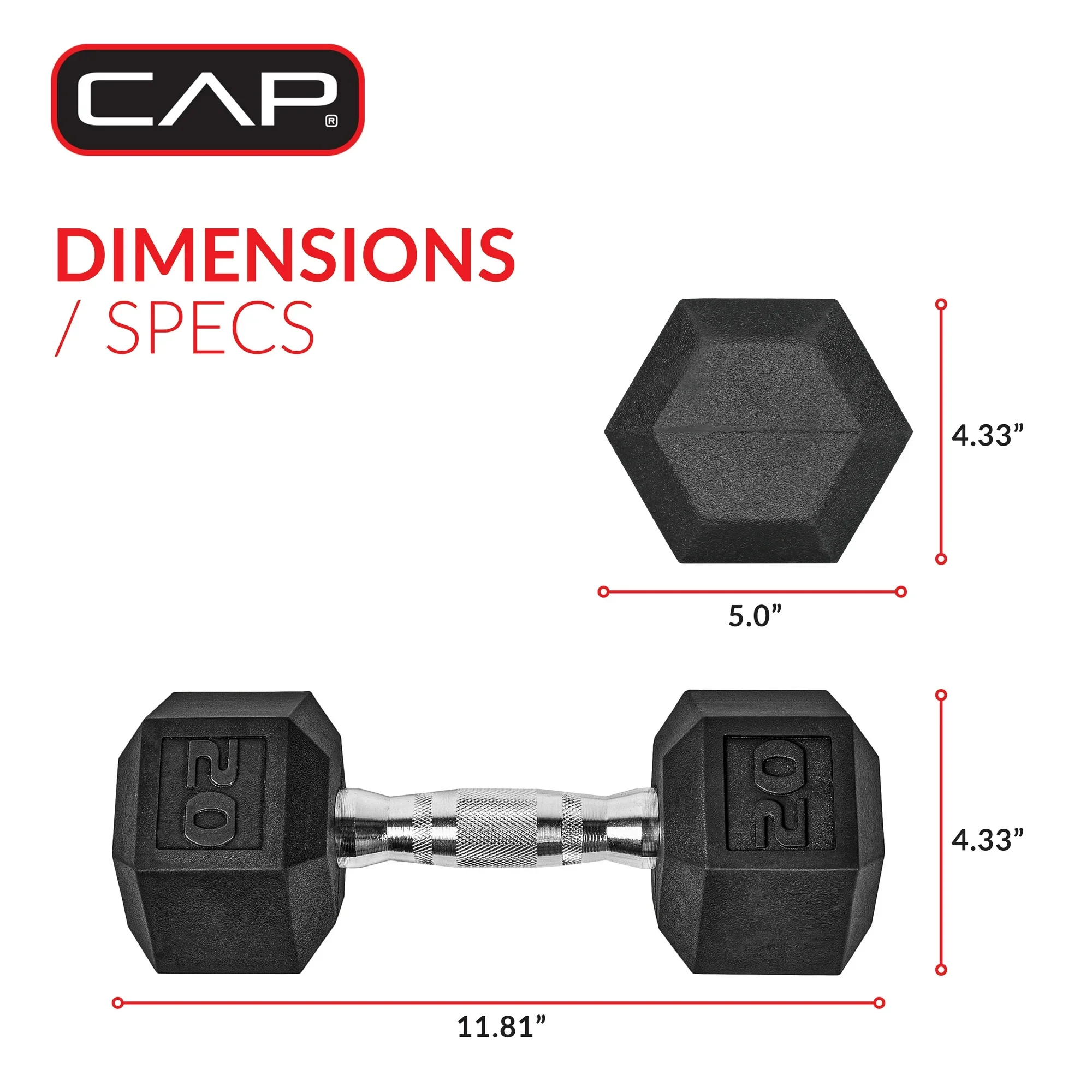 Barbell, Coated Rubber Hex Dumbbell, Pair - Image 2