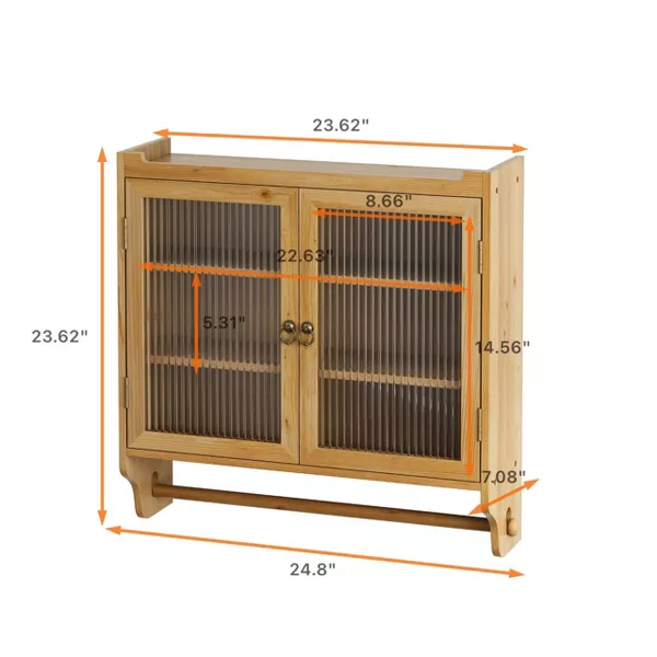 Bathroom Storage Wall Cabinet Double Glass Door 3 Shelf and Towel Rack in Natural - Image 2