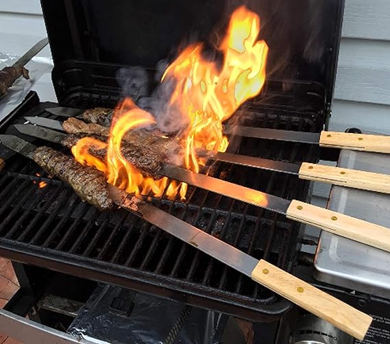 BBQ Skewers Stainless Steel Flat Metal with Wooden Handles - Image 4