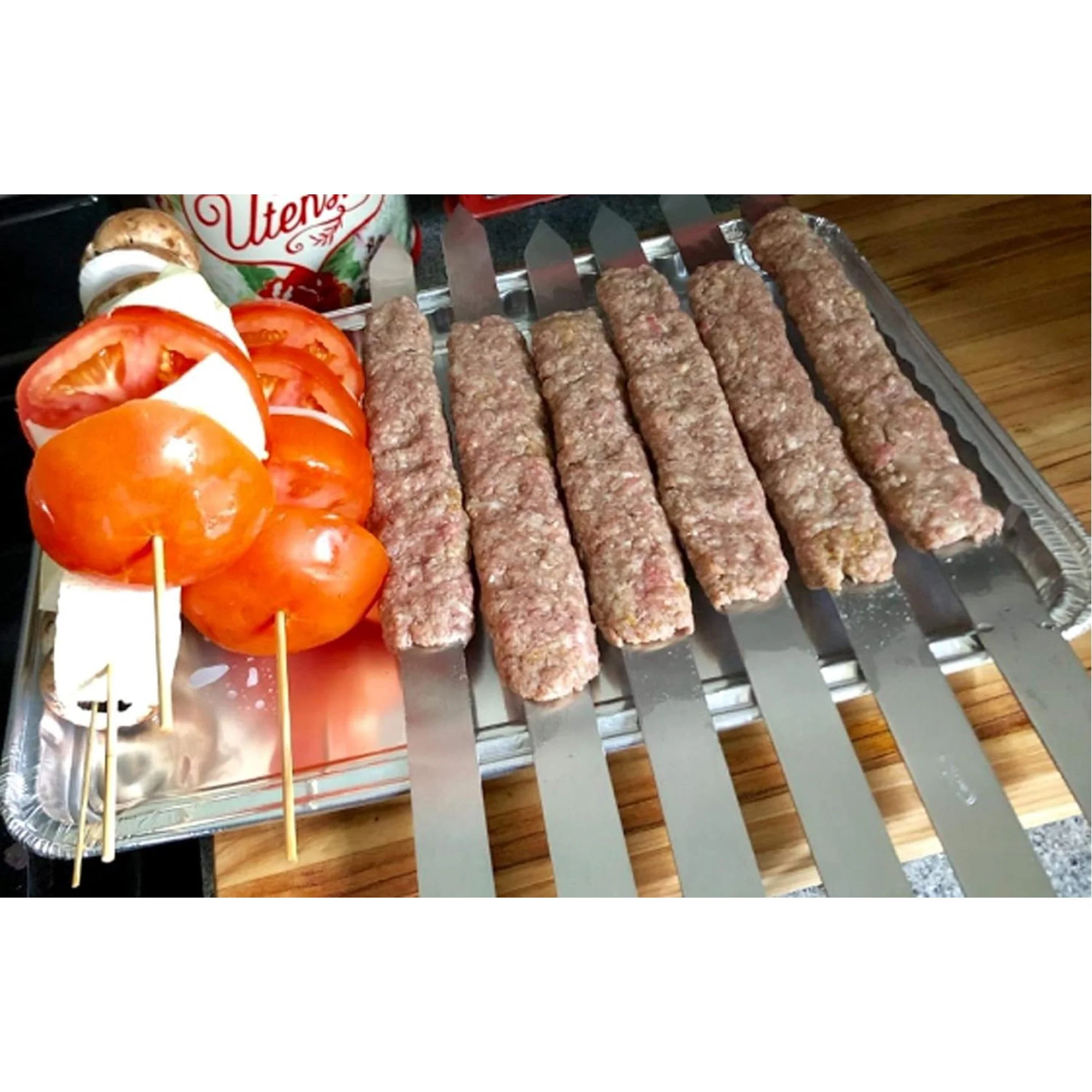 BBQ Skewers Stainless Steel Flat Metal Skewers with Wooden Handles - Image 3