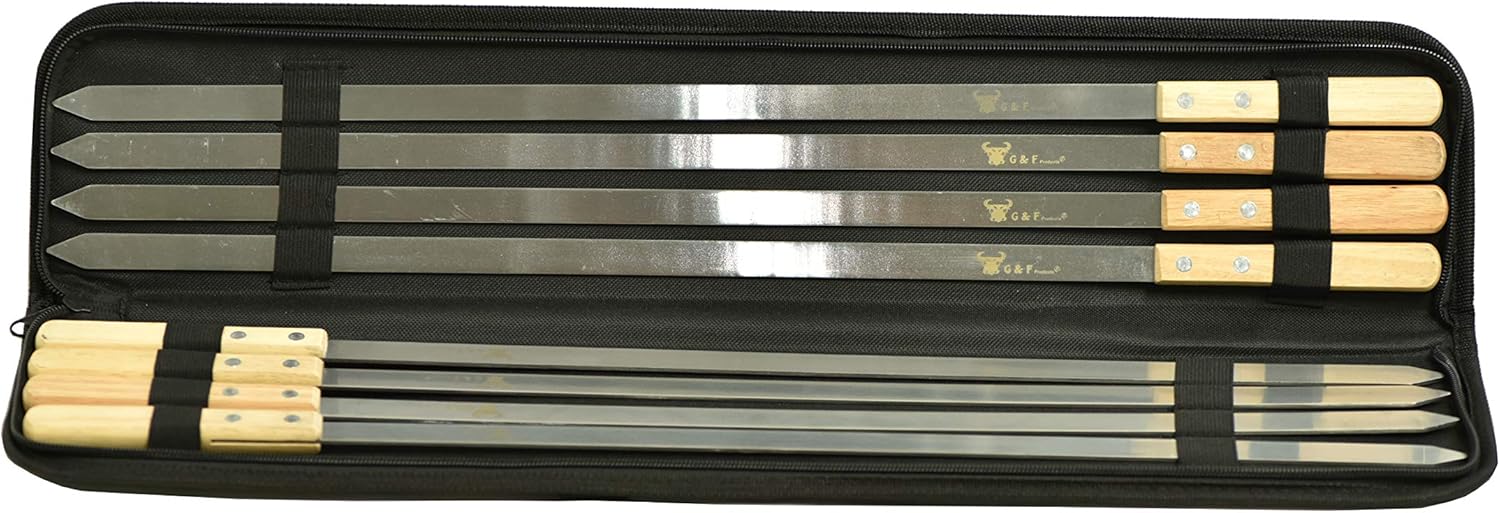 BBQ Skewers Stainless Steel Flat Metal Skewers with Wooden Handles - Image 2