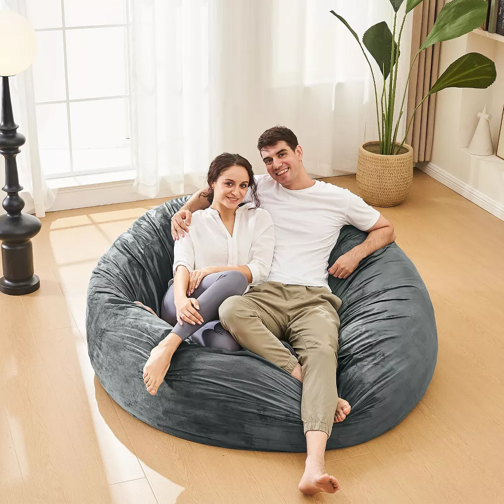 Bean Bag Chairs for Adults Round Fluffy Couch Gray, - Image 3