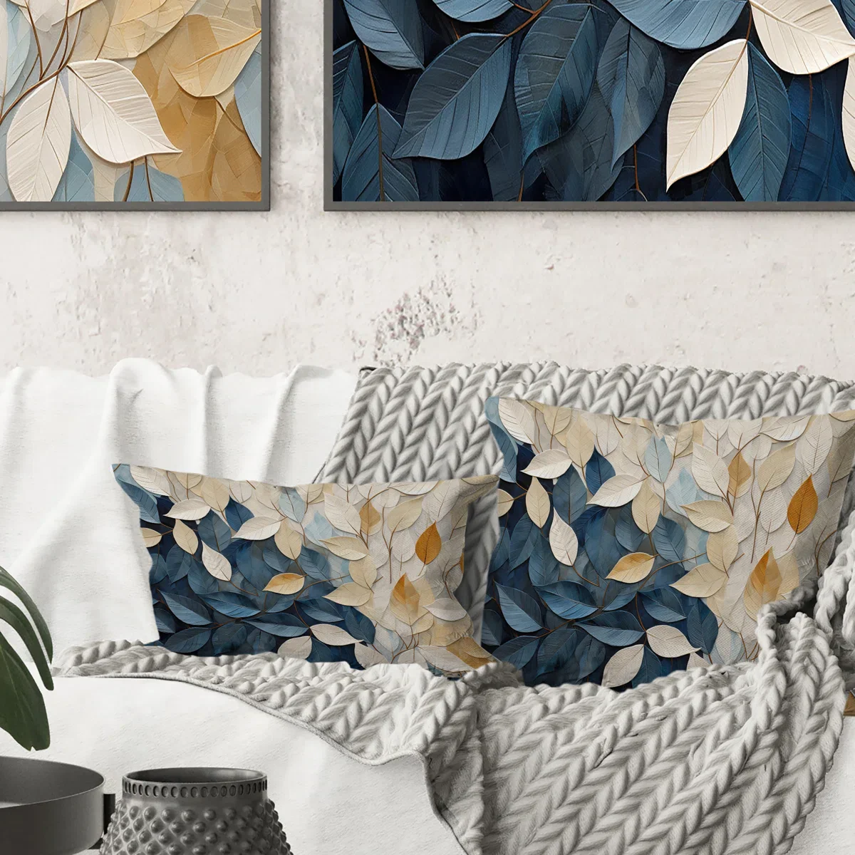 Beige And Blue Minimalism Leaves Collage - Leaves Printed Throw Pillow Set of 2 - Image 3