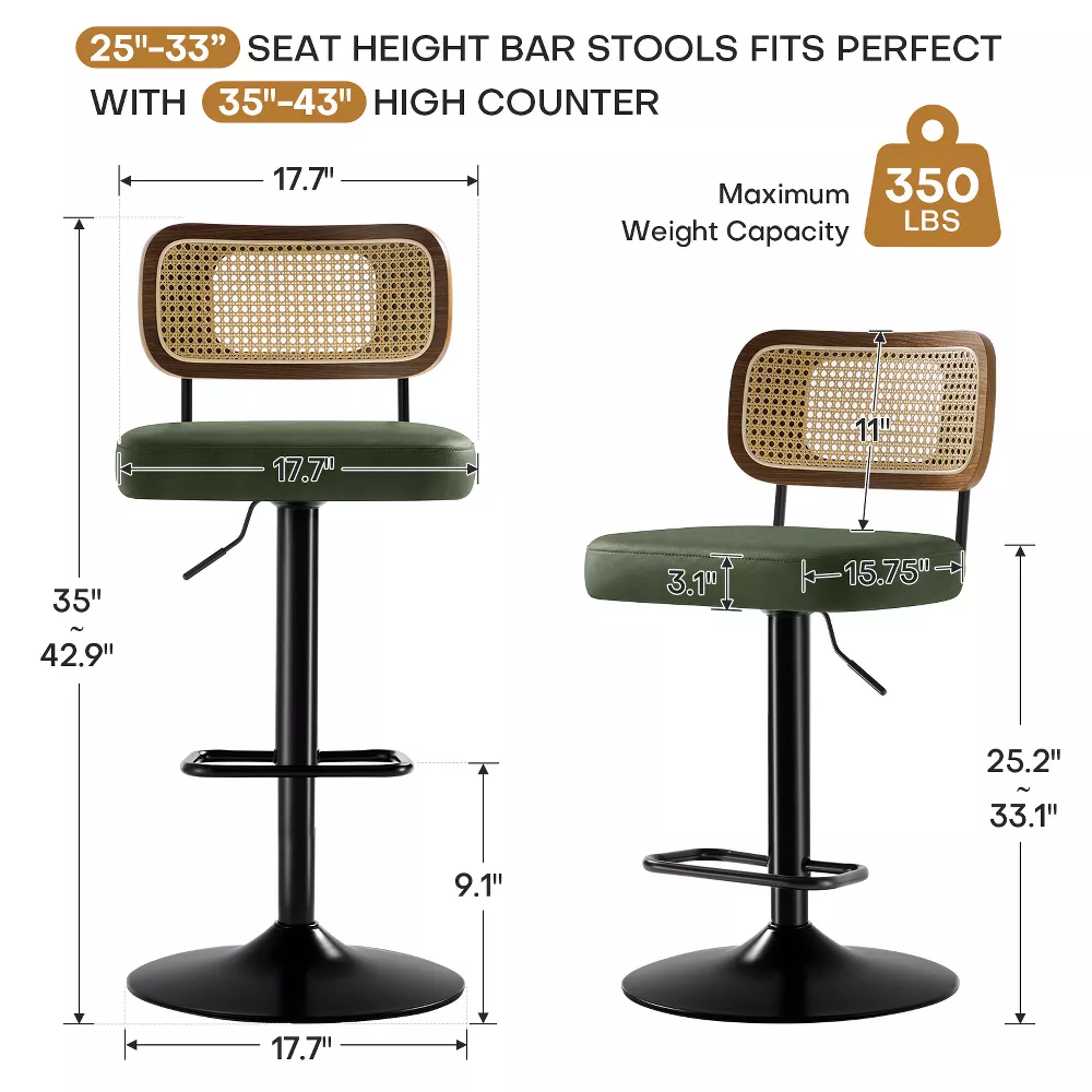 Bekrvio Swivel Bar Stools Set of 1, Upholstered Faux Leather Bar Chairs with Rattan Back & Enlarged Base, Green - Image 2