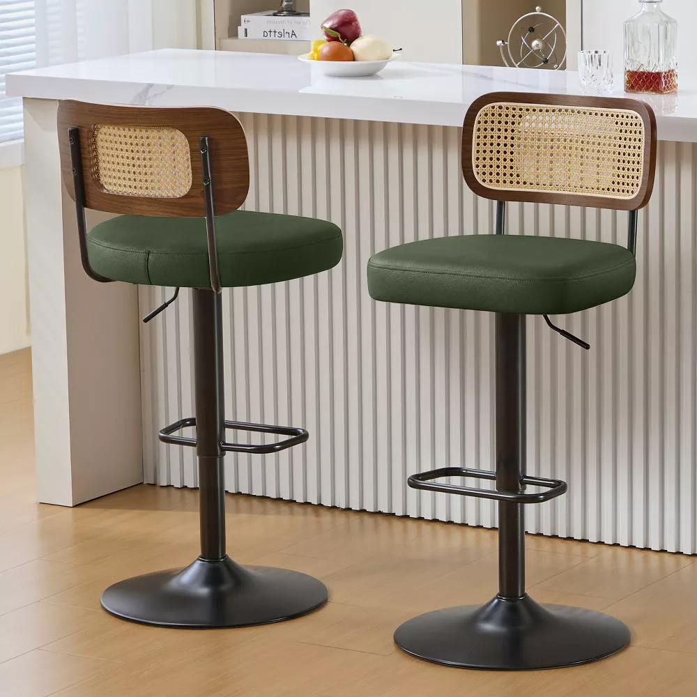 Bekrvio Swivel Bar Stools Set of 1, Upholstered Faux Leather Bar Chairs with Rattan Back & Enlarged Base, Green - Image 3