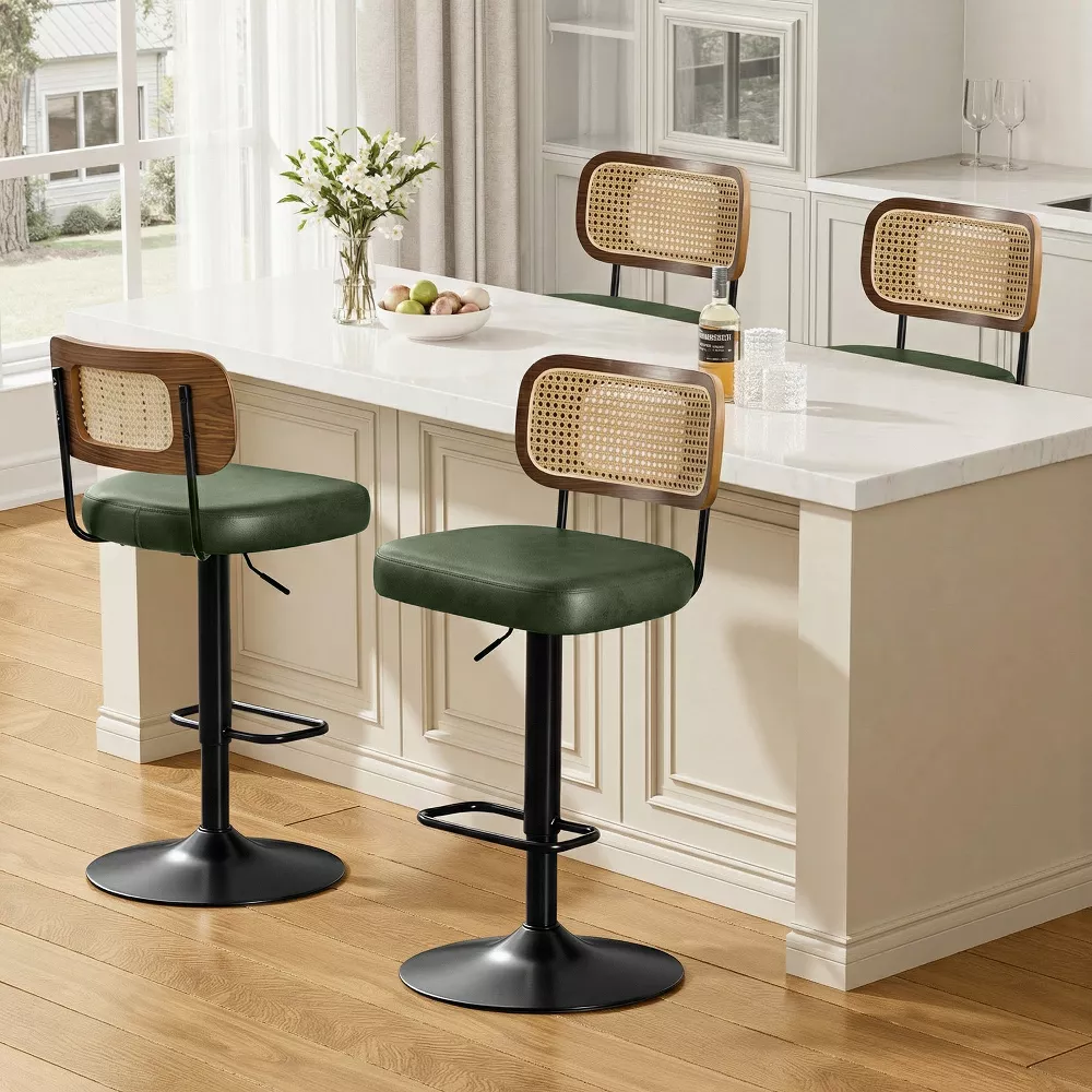 Bekrvio Swivel Bar Stools Set of 1, Upholstered Faux Leather Bar Chairs with Rattan Back & Enlarged Base, Green - Image 4