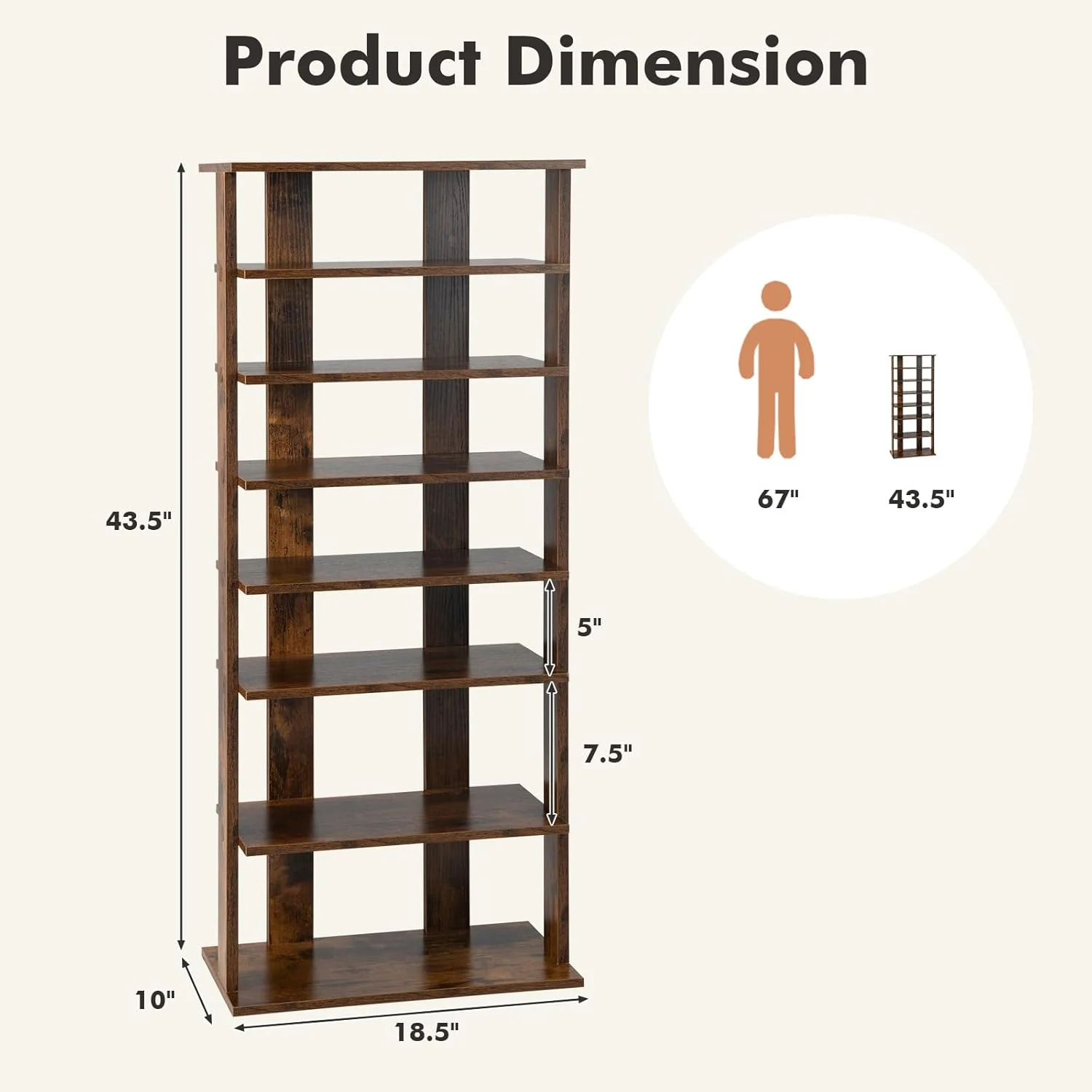 8 Tier Vertical Shoe Rack, Narrow Wooden Corner Shoe Organizer (Rustic Brown, Double Row) - Image 3