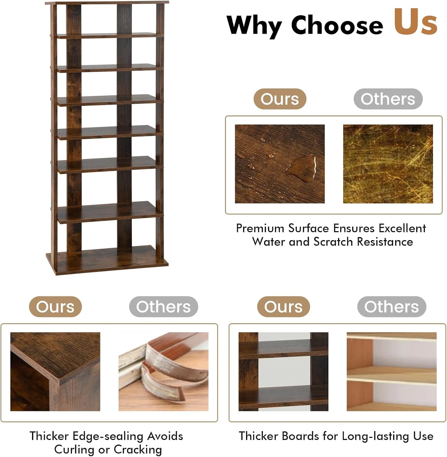 8 Tier Vertical Shoe Rack, Narrow Wooden Corner Shoe Organizer (Rustic Brown, Double Row) - Image 4