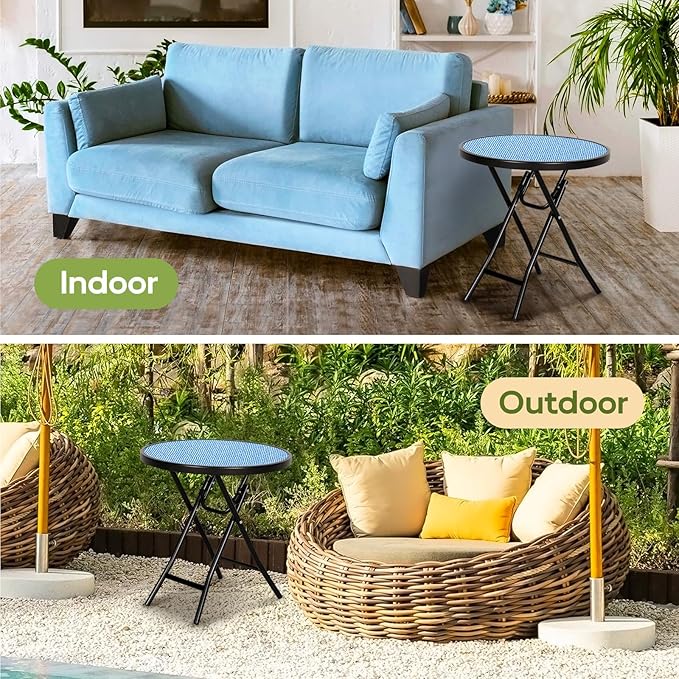 Bistro Table Folding Side Table with Tempered Glass Tabletop,Small End Table, Blue - Image 3