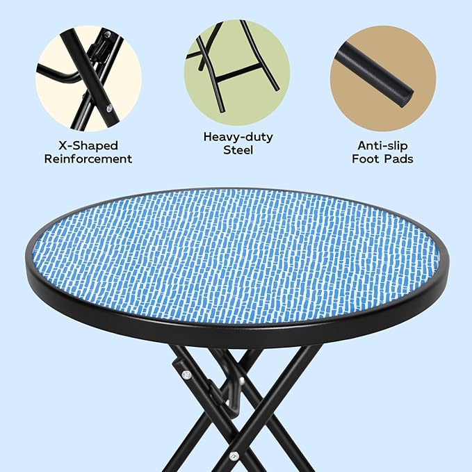 Bistro Table Folding Side Table with Tempered Glass Tabletop,Small End Table, Blue - Image 4