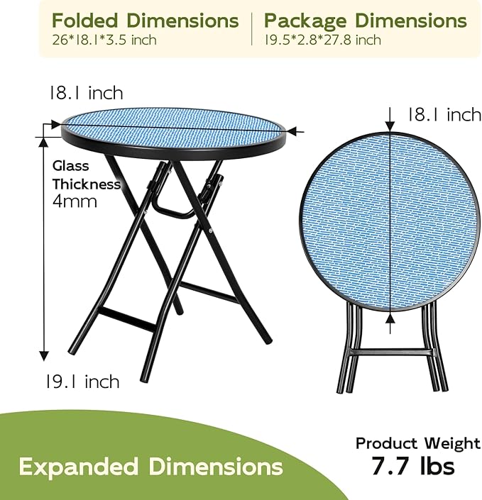 Bistro Table Folding Side Table with Tempered Glass Tabletop,Small End Table, Blue - Image 5