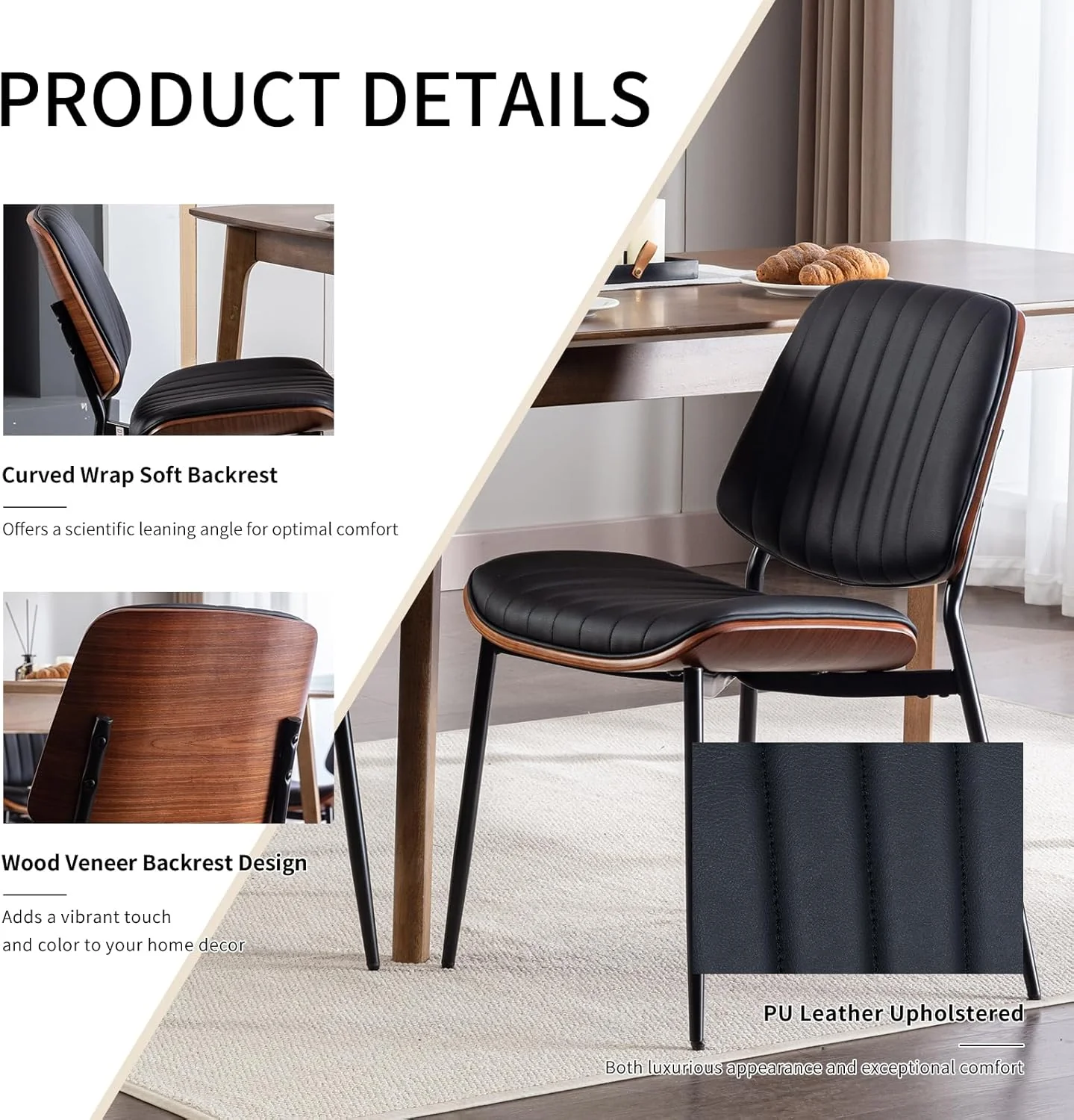 Black Mid Century Modern Dining Chairs Set of 2, PU Leather Upholstered Kitchen & Dining Room Chairs Set of 2, Kitchen Chairs Black, 2 Pcs - Image 3
