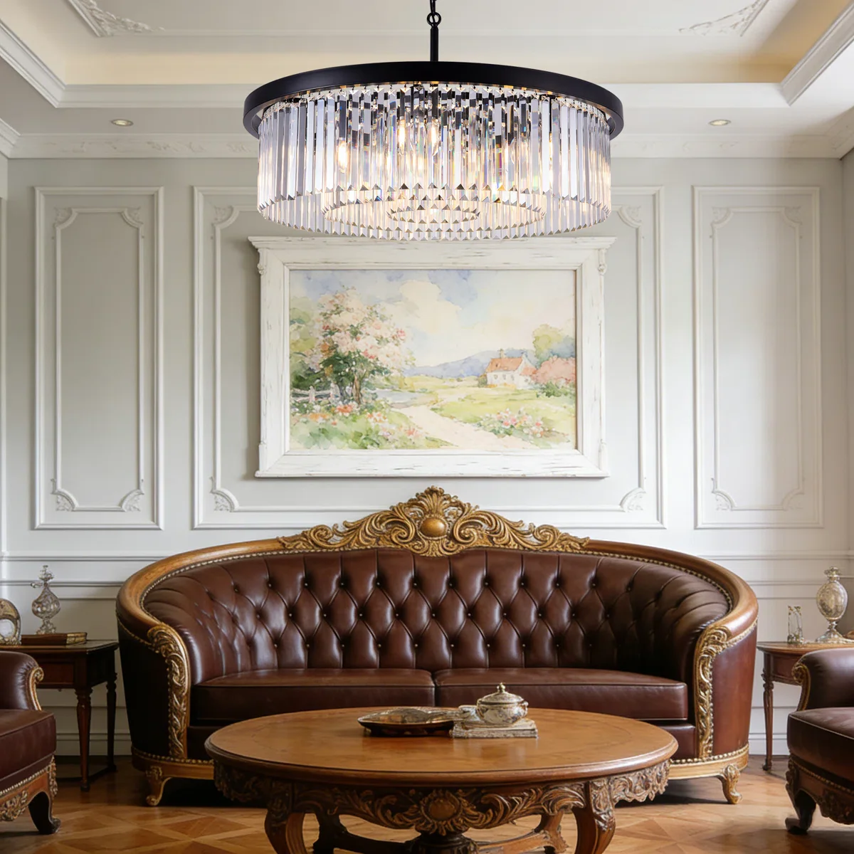 Black Modern Crystal Drum Tiered Chandelier Light Fixture - Image 2