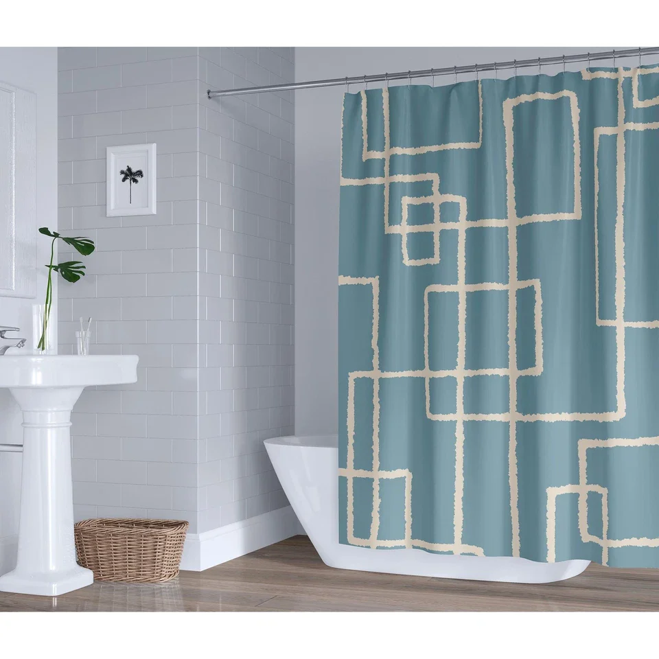 Mid Century Modern Abstract Minimalist Blue Shower Curtain