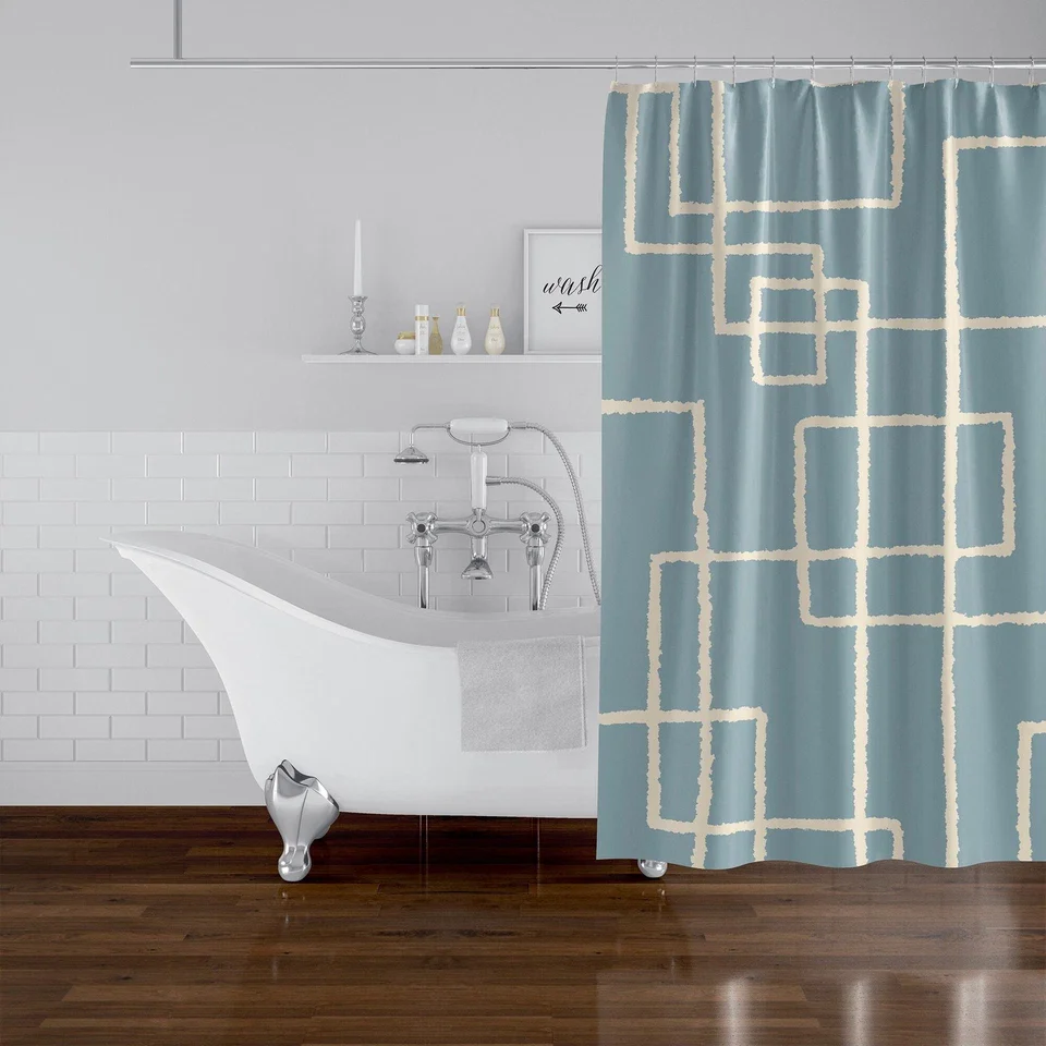 Mid Century Modern Abstract Minimalist Blue Shower Curtain - Image 3