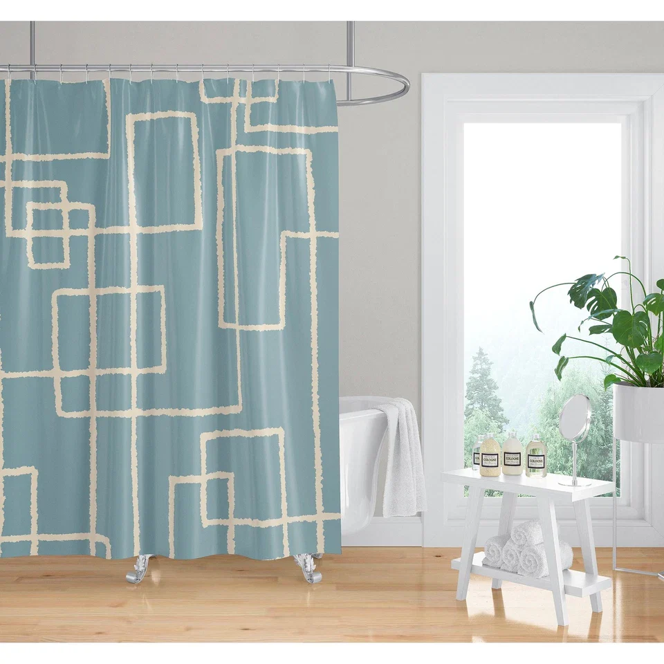 Mid Century Modern Abstract Minimalist Blue Shower Curtain - Image 4