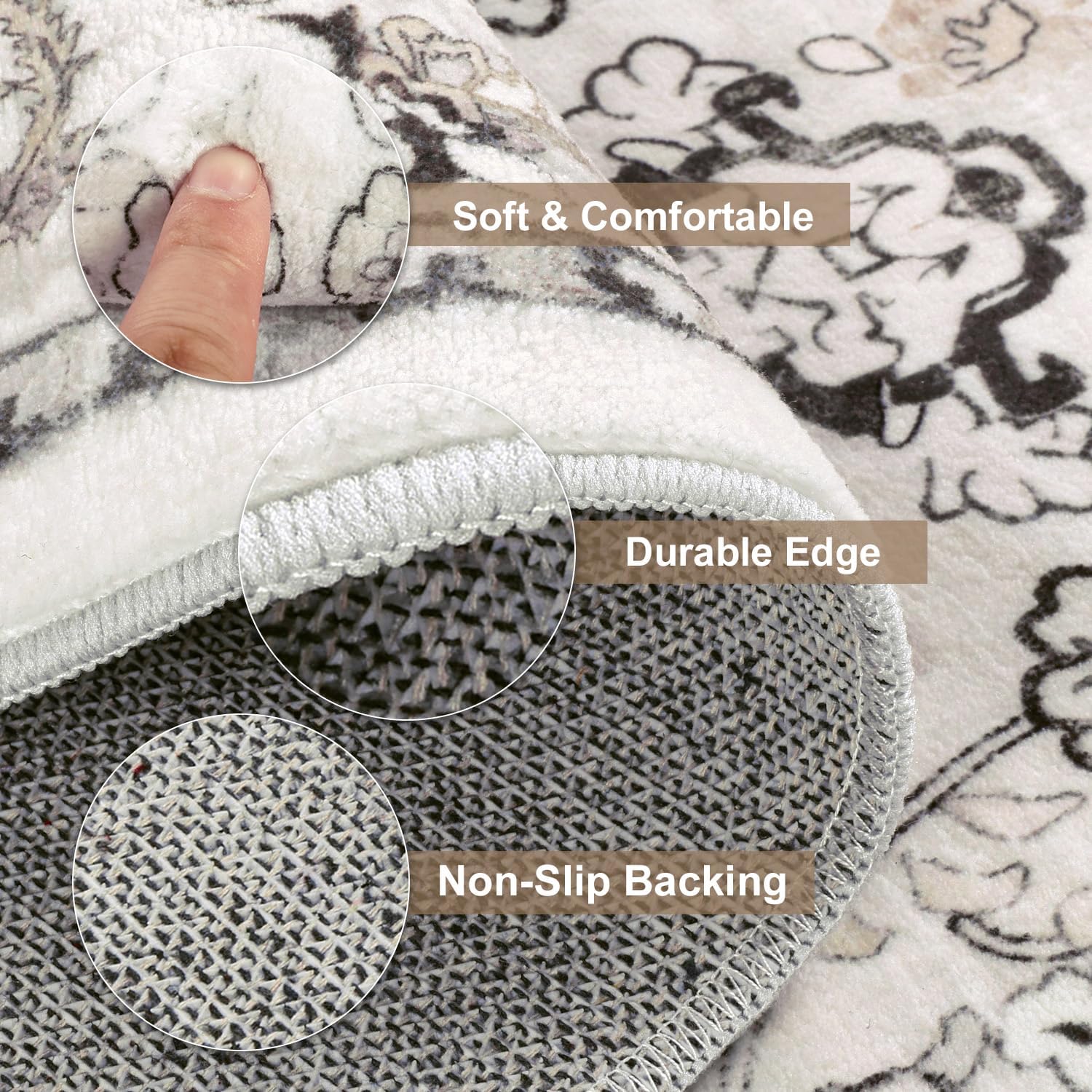 Boho Floral Soft Faux Wool Rug (Cream White) Set of 3, - Image 4