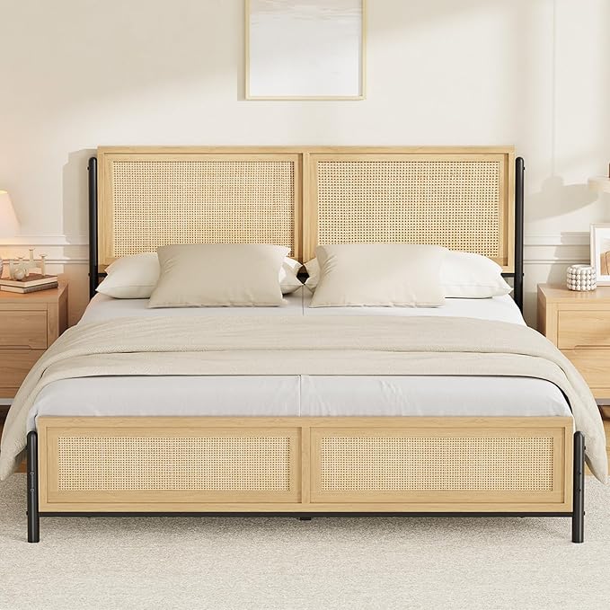 Boho Full Bed Frame with Natural Rattan - 1 BOX - Image 4