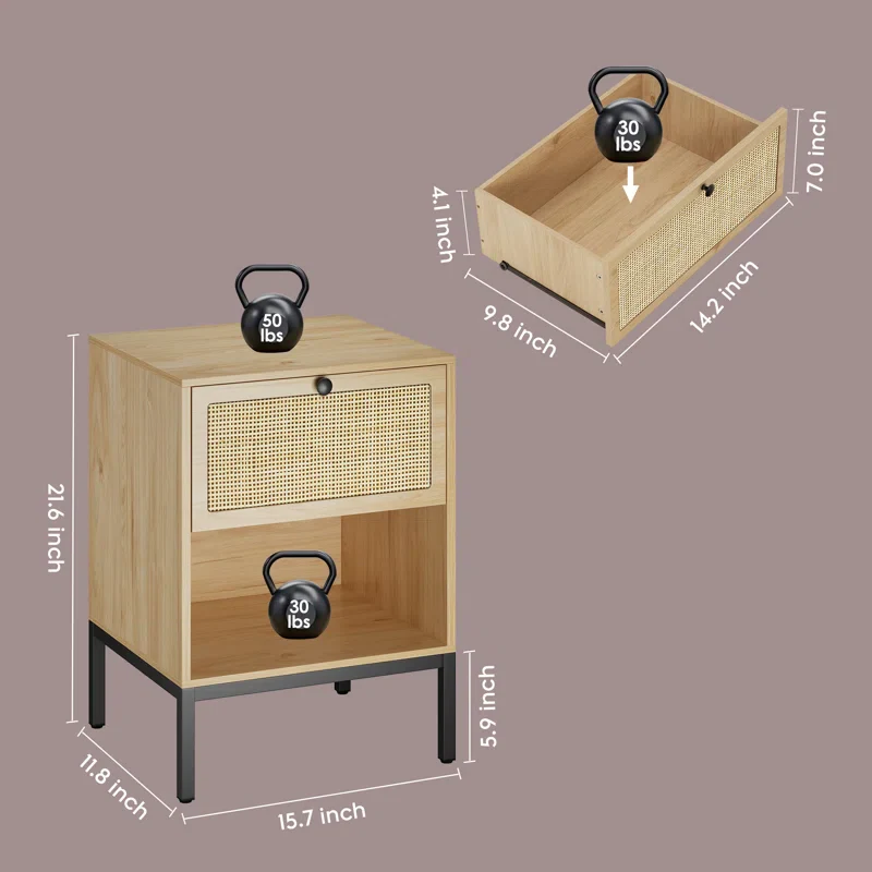 Bosonohy Boho Natural Rattan 1-Drawer Nightstand (Set of 2) - Image 4