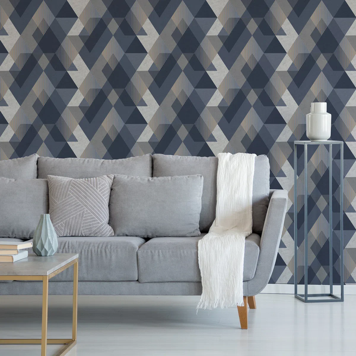 Brentton Diamond Navy Smooth Wallpaper Roll - Image 4