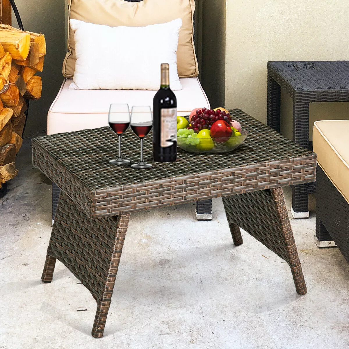 Brown Rectangle Wicker Outdoor Folding Side Table Coffee Table - Image 2